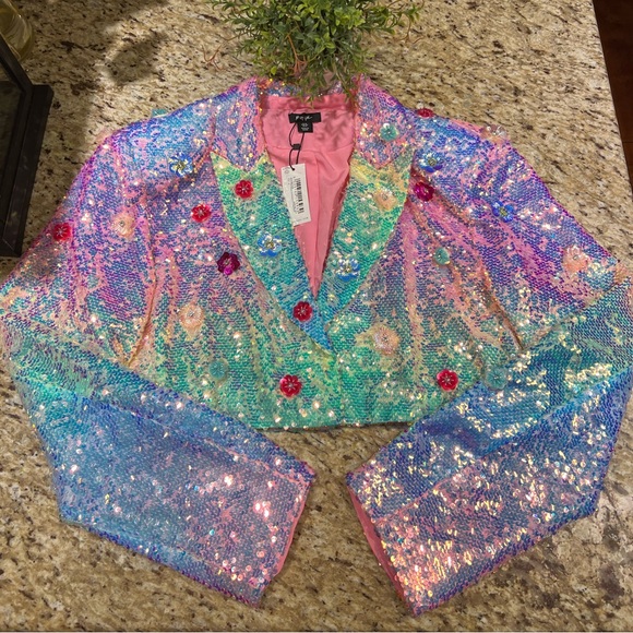 Nasty Gal Premium Floral Embellished Pink Iridescent Sequin Cropped Blazer 12 - Picture 3 of 16